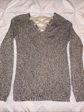 Women's Gray Marled V-Neck Sweater with Back Lace-Up Detail